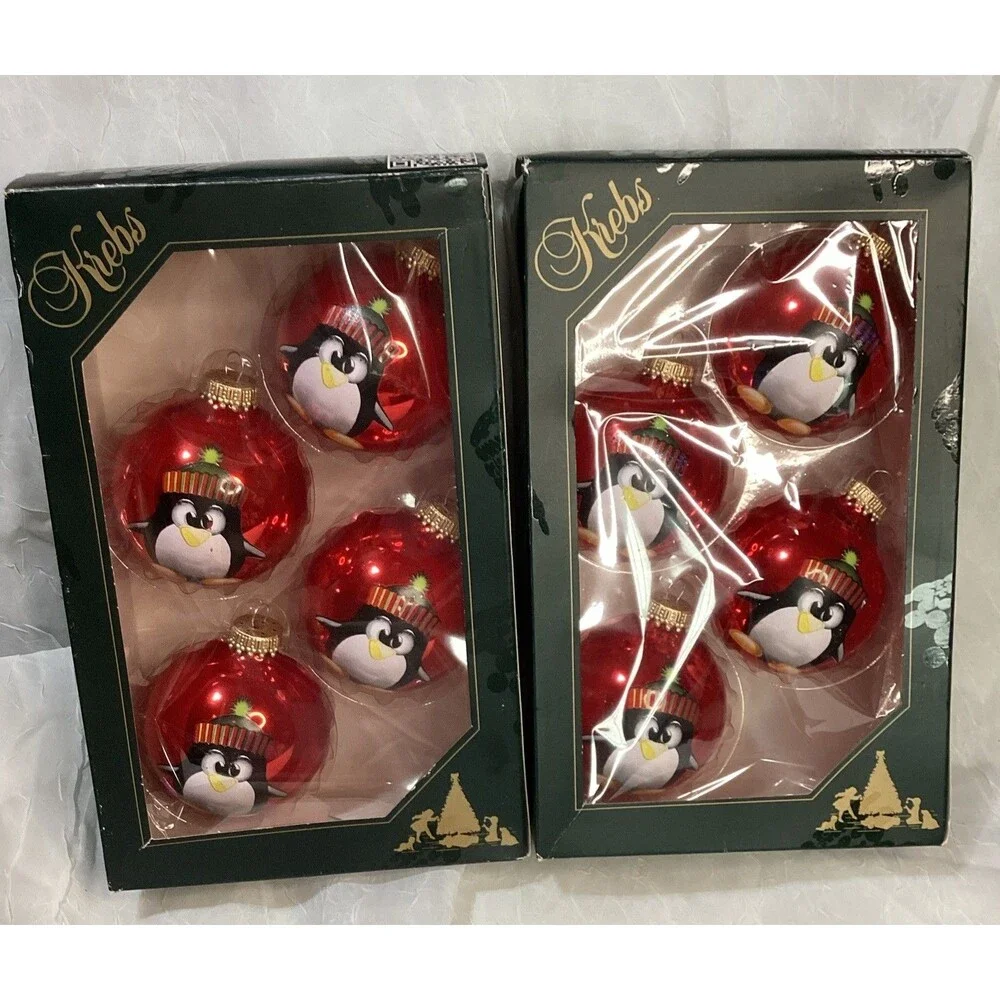 Krebs Glass Ornaments 8 Candy Apple Red Balls With Stocking Cap Penguin 2 Boxes